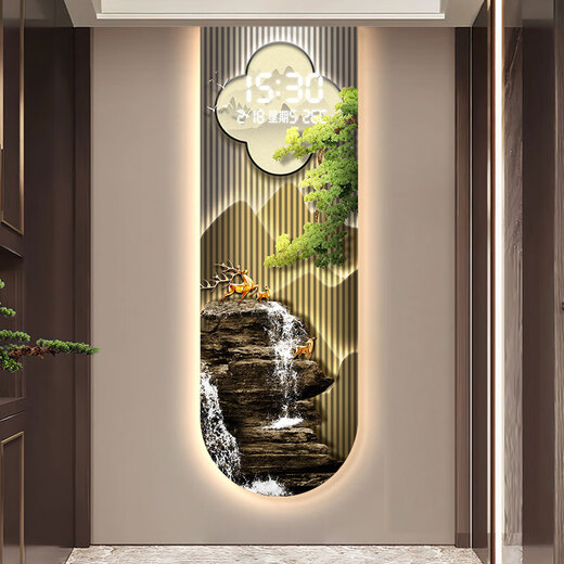 
Raft core perpetual calendar electronic display screen welcomes pine living room 2024 wall clock digital display intelligent clock entrance decoration 15122 (Shanshui Fulu-B) 50*150cm regular painting without lamp model [digital display + power bank model]
