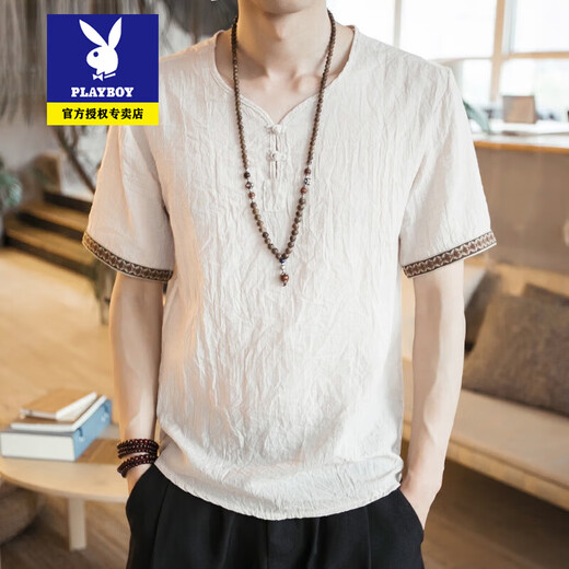 
Playboy Tang suit men short-sleeved men summer thin youth Chinese style retro buckle half-sleeved T-shirt Chinese style ancient style men's clothing 686 green M Reference 85-100Jin [Jin equals 0.5 kg]
