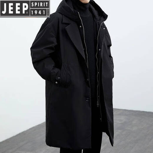 JEEP SPIRIT Jeep 2025 Autumn and Winter New Men's Korean Coat Men's Jacket Fake Two-piece Hooded Mid-Length Windbreaker Parka Black Thin 140-155Jin Jin equals 0.5 kg XL