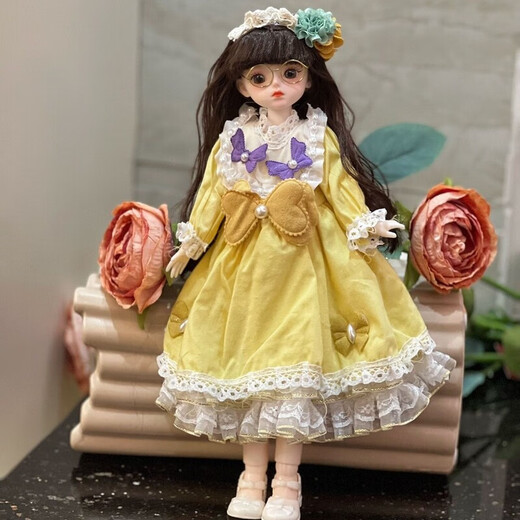 
Diborui children's doll 30 cm 6 minutes dressed in princess doll clothes children's toys girls birthday gifts A complete set of dolls (glasses) bags Brown tea