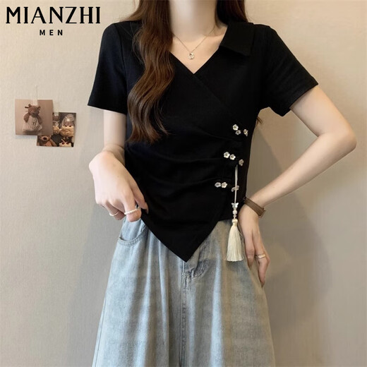 棉致新中式国风不规则短袖T恤女夏季新款2024年宽松休闲半袖 718黑色【高品质27.5】 2XL 130-140斤