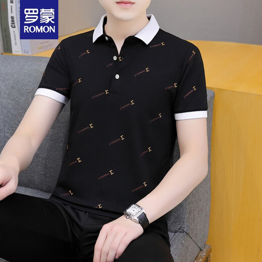 Romon Summer Herren-Kurzärärte-Revers-Polo-Hemd High-End Trendy Callared halbärmelte Jugend T-Shirt Casual Vielseitig T-Shirt Black Qy679 120135Jin [Jin gleich 0,5 kg] L