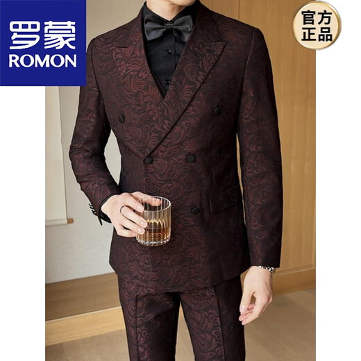 ROMON Double-breasted Dark Pattern Jacquard Dinner Suit Men's 2025 Spring and Summer Suit Three-piece Wedding Groom's Dress Fashion Burgundy Suit+Vest+Trousers Black L 110-125Jin Jin equals 0.5 kg
