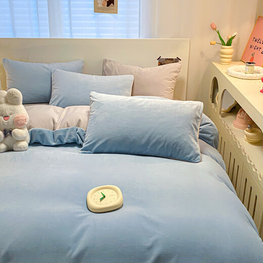 Lady Laura Fuanna's Class A milk velvet bed four-piece winter double-sided velvet thickened coral velvet quilt cover customized baby blue + light gray - bed sheet style 1.8m bed sheet four-piece quilt cover 200*230