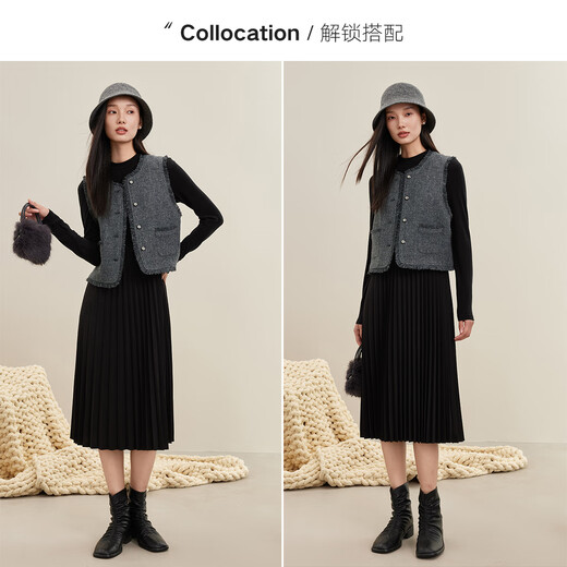 Fragment (dribs&drabs) Fragment suit for women 2024 winter new style tweed small fragrant jacket A-line knitted skirt with a complete set dark gray L