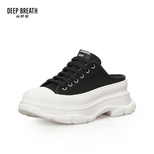 DEEP BREATH深呼吸女鞋包头半拖外穿波浪厚底帆布鞋穆勒鞋AX12250 黑白 35