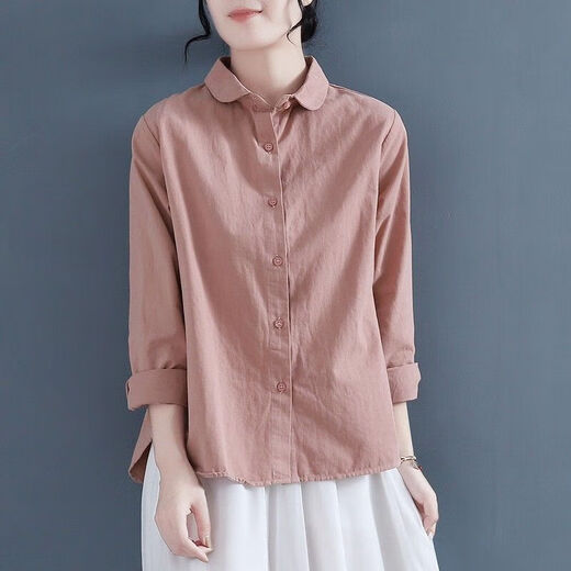 Doll collar pure cotton shirt for women in spring and autumn loose and versatile layered shirt college retro top J829 khaki 2XL (130-140Jin [Jin equals 0.5 kg])