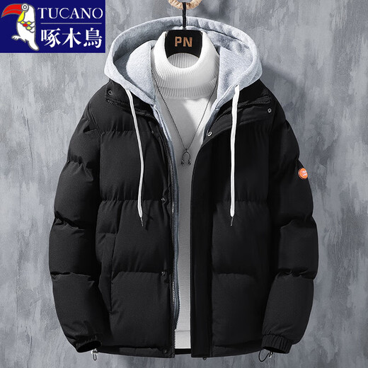 Woodpecker (TUCANO) winter vacation two-piece cotton-padded jacket for men Hong Kong style hooded down-padded jacket for young people plus velvet thickened top men's cotton-padded jacket QCC-A622-GY090-3 Black XL