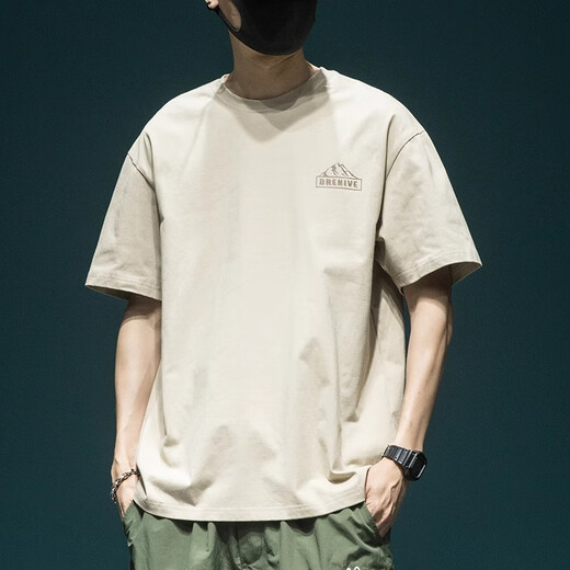 Baumwoll High-End schwere kurzärmelige T-Shirt Herren Lose großartigen halbärmeligen T-Shirt im Sommer New American Modemarke gedruckt Top HST1517 Khaki Kurzärärmel