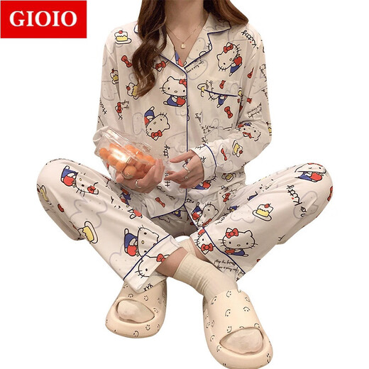 GIOIO新款ins日系卡通KT猫睡衣女学生甜美可爱长袖长裤宽松家居服套装 9227 M