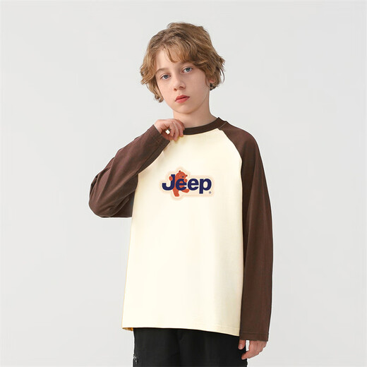 Jeep Children's Clothing Boys Camiseta 2025 Spring and Autumn New Style For Children Girls mangas largas y niños grandes Versátiles simples mangas largas casuales NT3892 metros marrones 130 cm [Altura sugerida 125-135]