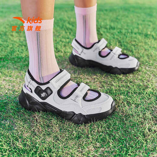 安踏儿童凉鞋女大童鞋2025夏季新品魔术贴户外包头玛丽珍运动沙滩鞋 安踏白/黑-3 36 鞋内长23cm