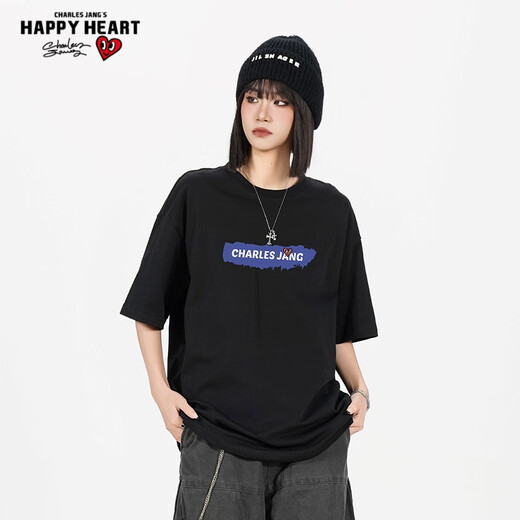 T-shirts Charles Peach Heart pour hommes et femmes, petit monstre imprimé en coton pur couple de base de base de base courte, noir m