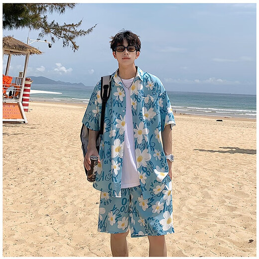 肯奈迪衬衫夏季男休闲衬衫提花短袖男衬衣花衬衫夏威夷宽松沙滩度假外套 蓝色-花朵-衬衫短裤两件装 2XL 【170CM-180CM】