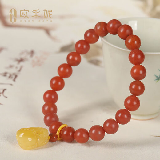 Ouchini Baoshan Nan Red Agate Bracelet Buddha Beads Full of Flesh Persimmon Red Duobao Bracelet for Men and Women with Beeswax Pixiu Pendant One Item One Certificate Supports Re-inspection