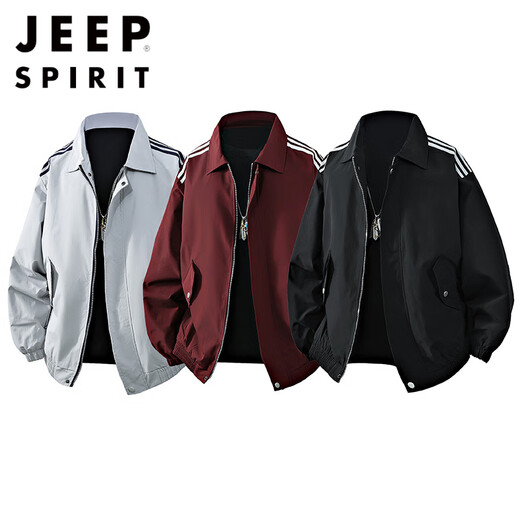 JEEP SPIRIT2025 Spring, Autumn and Winter New Lapel Burgundy Jacket Men's Loose Couple Coach Jacket Pilot Jacket Large Size Plus Size Men's Clothing-Burgundy 2XL