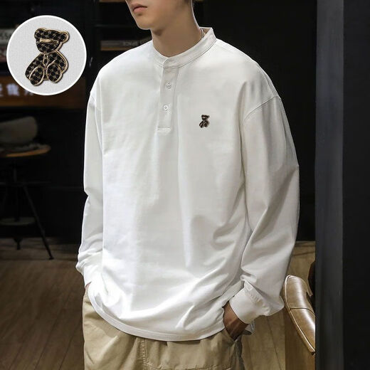 Yingtang Autumn Henry Collar Long Sleeve T-Shirt Men's Velvet Large Size POLO Bottoming Shirt Spring and Autumn Men's Sweatshirt White Velvet M Recommendation-115Jin Jin is equal to 0.5 kg