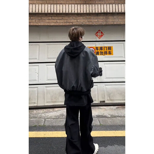 Yiran presents jacket men's autumn and winter high street fashion handsome hunting suit fake two-piece design baseball uniform hooded casual jacket for men black XL recommended 120-140Jin Jin equals 0.5 kg