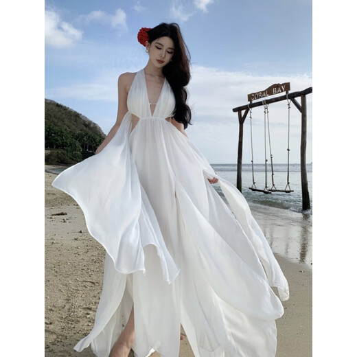 Xierwei Französisch Schöne Pink Fairy Streamer Halfterhalter Kleid Feel romantische Hollow Slit Urlaub Strand Langer Rock 9766 Streamer Langer Rock S S