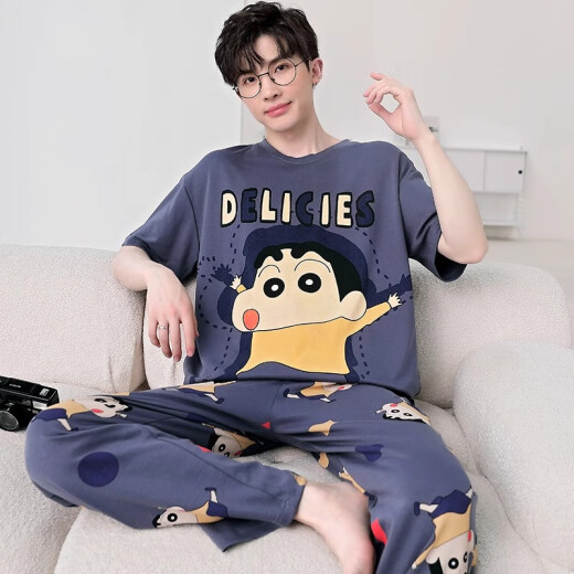 喻可眠男士睡衣春夏季短袖长裤纯棉家居服卡通青少年春秋款宽松大码套装 【短袖长裤】WB671 XL 标准XL 高175 重125-150斤