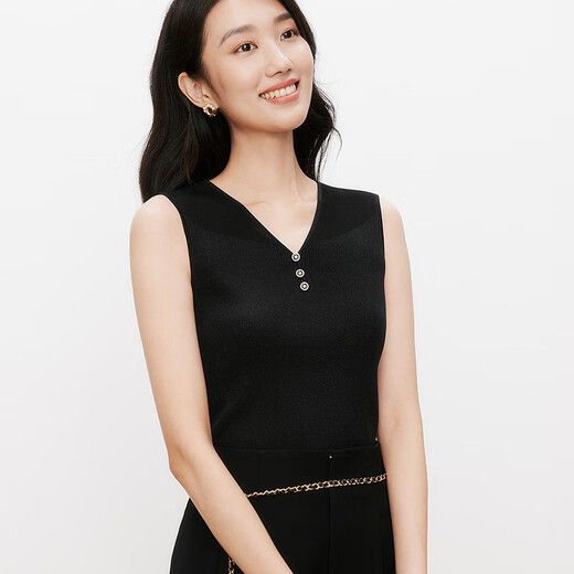 Kelaitels neuer Sommer 2025 Einfache Festkörper-V-Ausschnitt-Weste für Frauen schlanker fit schlanker innerer Perspektive Top Black M.