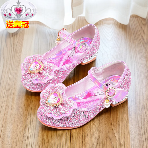 Ye Yu Girls' High Heels Spring and Autumn Elsa Frozen Princess Crystal Soft Sole Shoes Elsa Children's Leather Shoes Children's Shoes 810-3 High Heels Ice Blue Free Crown 30 Inner Length 18.5cm