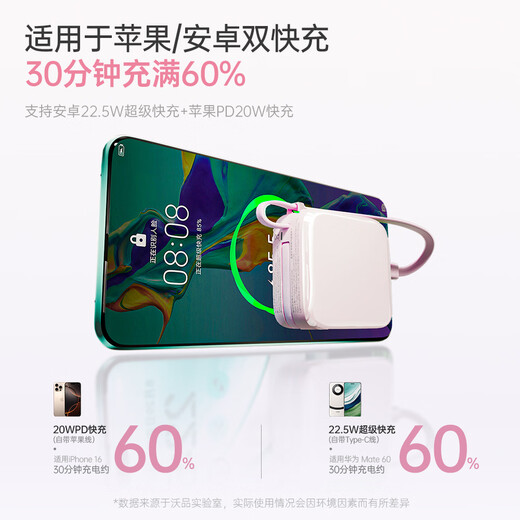 WOPOW 3C certified, can be used on airplanes. 3-in-1 power bank comes with cable and plug. Two-way fast charging. Compact and portable mini power bank. Suitable for Apple 16, Huawei and Xiaomi.