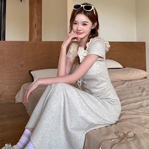 GOCHIEI summer niche design lady style lace splicing lace versatile waist short sleeve square collar temperament mid-length skirt lace-up mid-length skirt M recommended 90-105 Jin Jin equals 0.5 kg