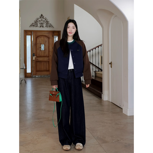Guo Jiujiu Retro Contrast Broidered Ragdoll Sleeve Cotton Veste en laine Jacket Scimitar Jeans G924T17152 SUITE (manteau + jeans) M Single Taille