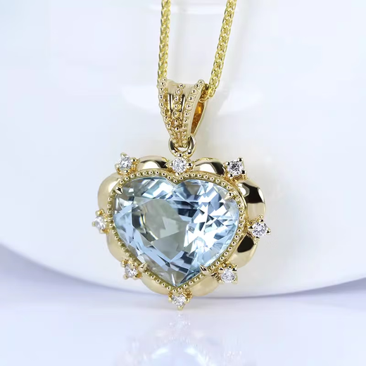HEEKAIYI Heart of the Ocean Necklace Women's Aquamarine Luxury Jewelry Chinese Valentine's Day Birthday Gift for Wife and Girlfriend Aquamarine Diamond Necklace 6.3 carats Pendant + K Gold 18-inch Gold Chain