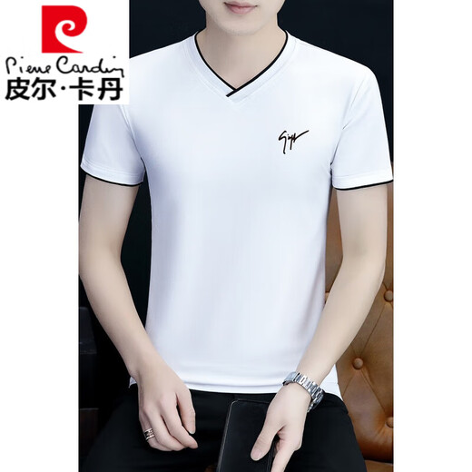 皮尔卡丹（pierre cardin）夏季男士短袖t恤v领纯棉半袖鸡心领体恤潮流修身上衣薄款男装 浅灰色 YD7029 M