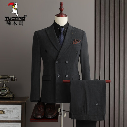 Woodpecker (TUCANO) two-piece suit men's suit wedding double-breasted British style lapel groom engagement wedding slim stripes medium gray suit + trousers XL (suitable for 125-135 Jin Jin equals 0.5 kg)