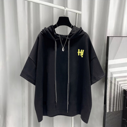 Yushida Hong Kong-Stil mit Kapuze mit Kurzärärmelanzug Herren Sommer Trendy Printed T-Shirt Handsome Ganze passende weiße T5019 + Black K9215 S Geeignet (85-105jin [Jin gleich 0,5 kg]))
