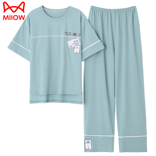 猫人（MiiOW）睡衣女夏季纯棉2025年新款短袖长裤家居服套装可外穿薄款全棉套装 7374豆绿 XL 120-140斤