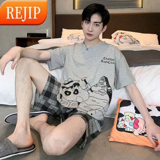 REJIP男士睡衣短袖春夏天季薄款卡通青少年可外穿男款加大码家居服套装 6621 2XL 160-180斤
