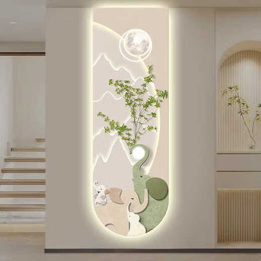 Pintura sensual de la pintura decorativa de elefante de cuatro miembros de la entrada de la familia de cuatro, pinturas colgantes de corredor de estilo mantecoso Iluminación LED Murales de pared de alta gama T12529 (talla de exquisito UV sin marco) 50*150 (paredes recomendadas de 0.7-0.8 metros) Imagen de porcelana de cristal/imagen del cuerpo enchufe-tumana Sensado de carrocería