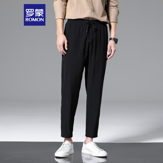 Romon Pantalones casuales Summer de verano Pantalones heterosexuales Pantalones rectos de seda de hielo Pantalones de nueve puntos Clothing 718 Negro 2xl