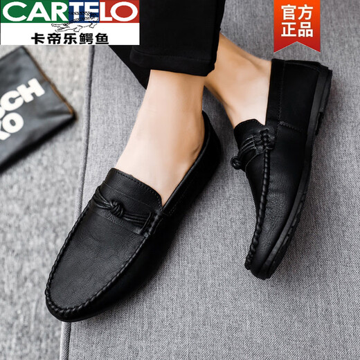 卡帝乐鳄鱼（CARTELO）男士豆豆鞋韩版商务工作休闲皮鞋透气百搭防滑一脚蹬男鞋2025春季 D826黑色+增高垫 39