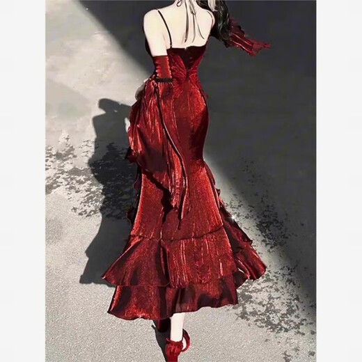 Flashing Girl (SHANDONGSHAONV) Lolita lolita Spring and Autumn Red Rose Dress Mermaid Skirt Elegant Goddess Royal Sister Ceremony Dress Birthday Skirt Mermaid Skirt S