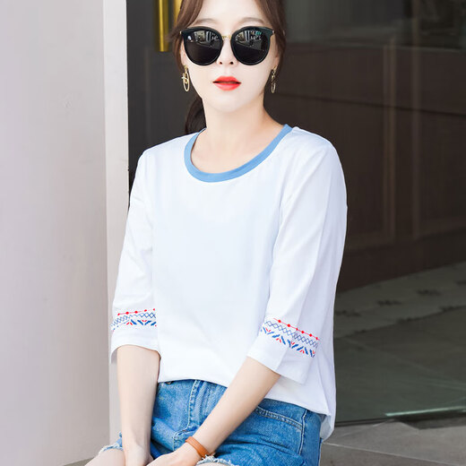 GIOIO pure cotton 70-quarter sleeve T-shirt for women loose temperament age-reducing pink mid-sleeved T-shirt spring and autumn summer clothing 2025 new top W6196 light purple mid-sleeved 2XL (recommended 135-150Jin [Jin equals 0.5 kg])