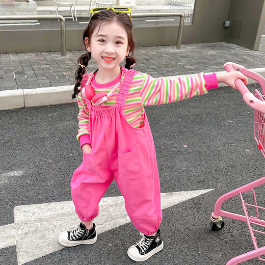 
Beautiful children's spring overalls suit 2025 new children's spring and autumn clothes striped casual baby girl Korean version two-piece set picture color 140