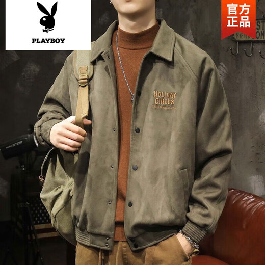 Playboy (PLAYBOY) American retro classic buckskin lapel baseball jacket men's loose trendy brand large size spring and autumn jacket for men gray green high quality fabric XL recommended 125-150Jin Jin equals 0.5 kg