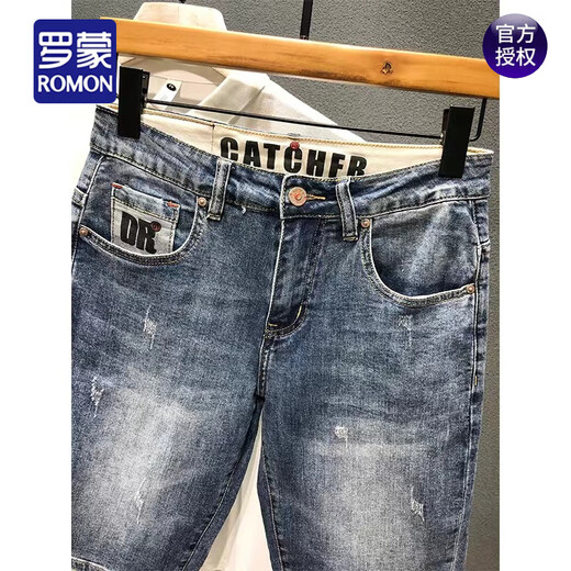
ROMON (ROMON) 2025 summer denim mid-pants printed trendy brand retro nostalgic washing Korean style slim five-point pants stretch shorts men dark blue 9902 33