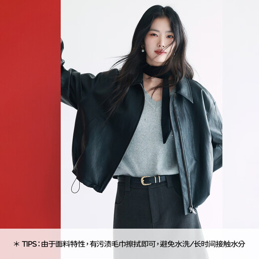 Eifli (eifini) Eifli retro style loose temperament leather jacket short jacket for women new versatile fashionable jacket for women black S
