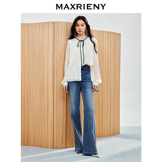 MAXRIENY French embroidered collar bow tie shirt slim fit top for women in white M