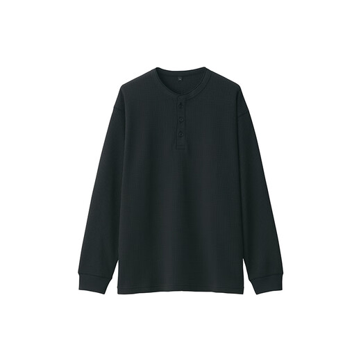 MUJI Men's UV Protection Waffle Henry Collar Long Sleeve T-Shirt Men's Bottoming Shirt Men's Spring Black XL (180/104A)