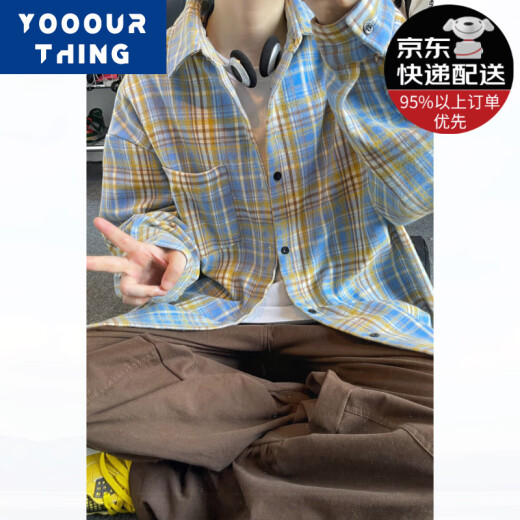 YOOOURTHING美式复古格子衬衫男长袖春秋冬加绒加厚宽松情侣百搭休闲衬衣外套 CJ9734-玫红 加绒 XL (建议125-145斤)