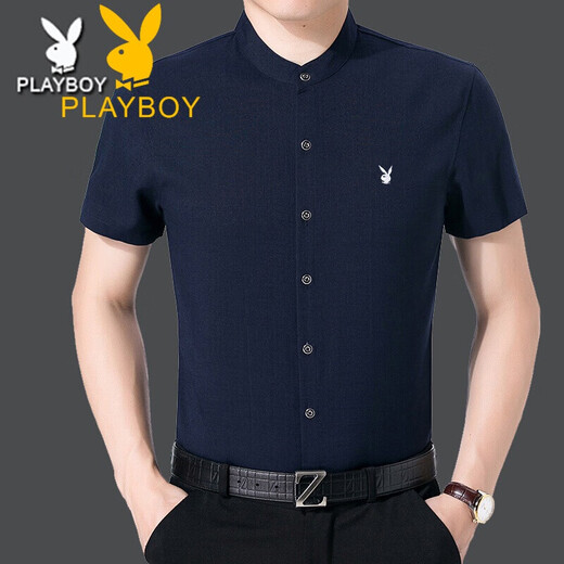 花花公子（PLAYBOY）中年男棉麻立领短袖衬衫衣夏季薄款宽松大码商务爸爸装圆领衬衣寸 咖红 Z6636格子咖红 S 165/84A