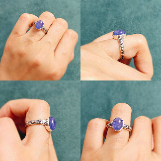 Library selection PrettyGirl retro S925 silver natural flower purple jade black opal tanzanite super seven summer fashion ring No. 10 grape stone