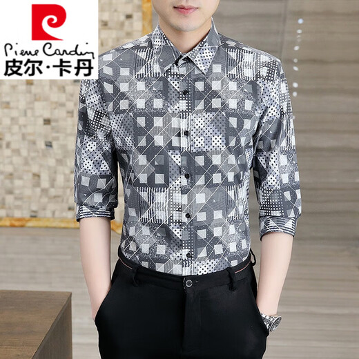 皮尔卡丹（pierre cardin）夏季七分袖衬衫男士格子冰丝短袖潮流帅气中袖衬衣薄款五分袖衬衣 DC687藏青色 L